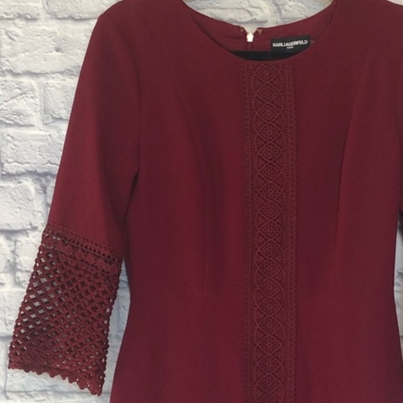 Karl Lagerfeld Wine Red Eyelet Detailed Lined Sheath Dress - Picture 5 of 13